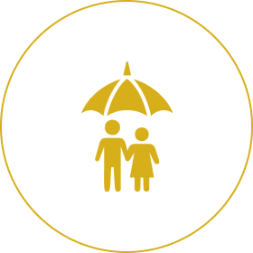 A yellow and white icon of two people under an umbrella.