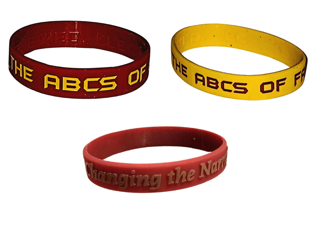 Three different colored bracelets with the words " abcs of life."